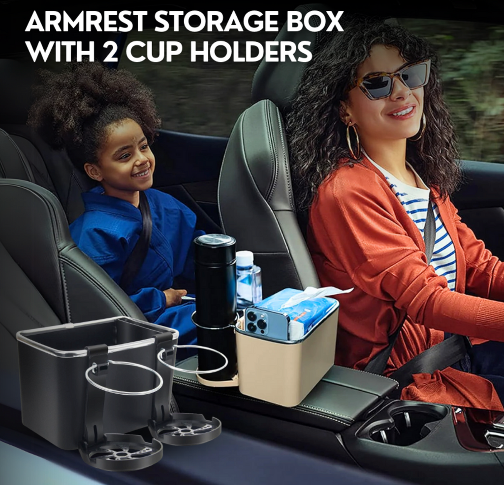 Car Armrest Storage Box with Dual Cup Holders